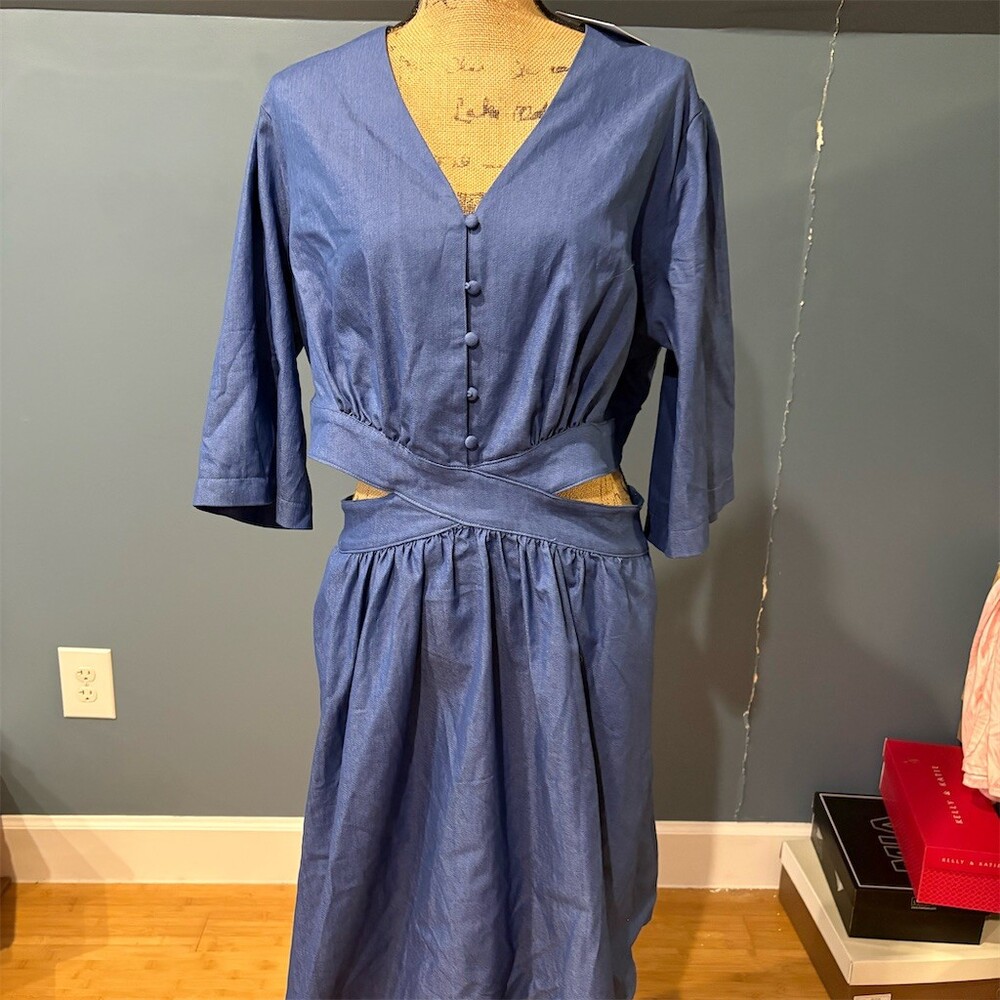 J. Brooks Dress Womens 1X Blue Midi V-Neck Button Front Cutout Waist 3/4 - Picture 1 of 13
